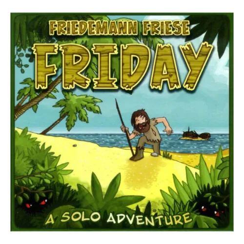 Box art του Friday board game με τον Robinson Crusoe στην παραλία σε στυλ κινουμένων σχεδίων