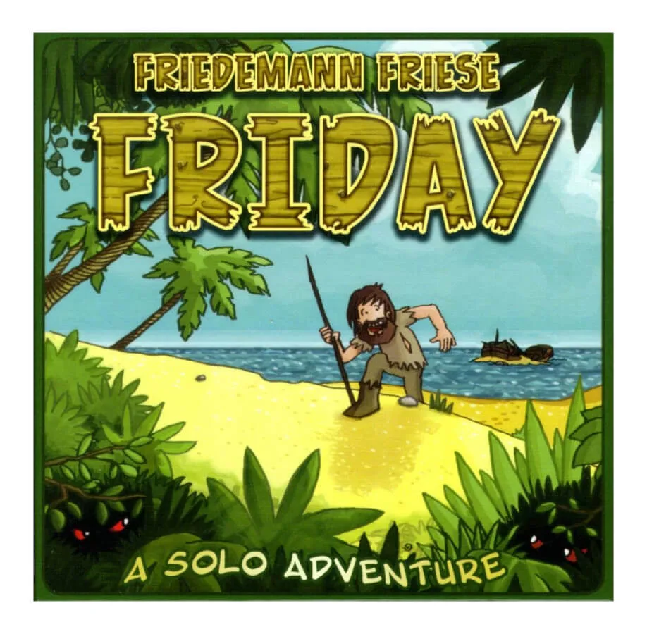 Box art του Friday board game με τον Robinson Crusoe στην παραλία σε στυλ κινουμένων σχεδίων