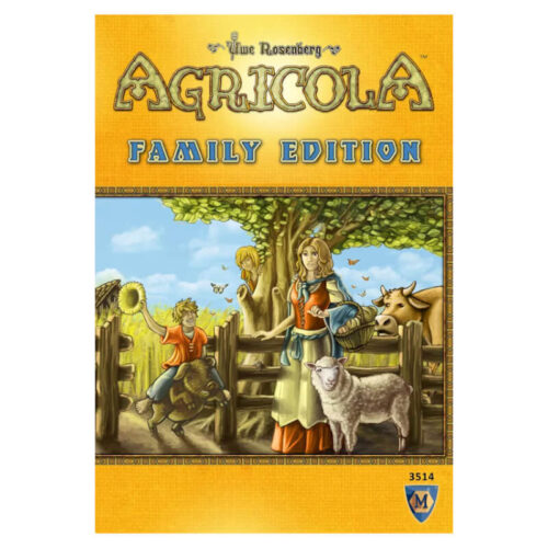 Εξώφυλλο Agricola Family Edition με αγρότες, πρόβατο και παιδική φάρμα