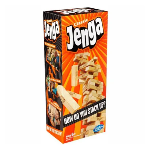 Συσκευασία του Jenga επιτραπέζιου παιχνιδιού Hasbro με ξύλινα μπλοκ