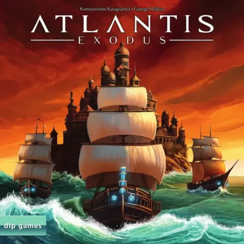 Εξώφυλλο του επιτραπέζιου παιχνιδιού Atlantis Exodus με πλοία και την Ατλαντίδα στο βάθος