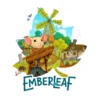 Εικονογράφηση από το Emberleaf board game με ήρωα Emberling σε φανταστικό δάσος και χτισμένο χωριό με πλακίδια