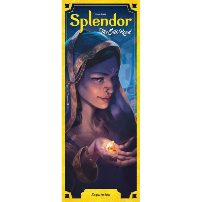 Box art του Splendor Silk Road Expansion με γυναικεία φιγούρα και πολύτιμο πετράδι