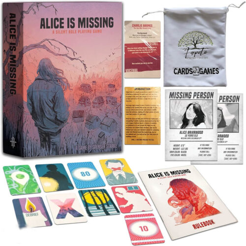 Περιεχόμενα του επιτραπέζιου παιχνιδιού Alice is Missing με κάρτες, φυλλάδιο κανόνων και αφίσα εξαφάνισης