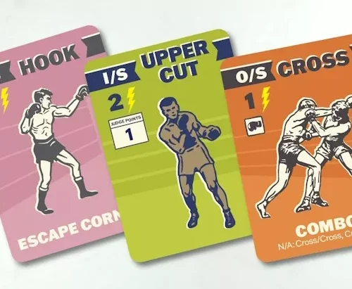 Κάρτες χτυπημάτων από το επιτραπέζιο παιχνίδι Big Time Boxing με hook, uppercut και cross