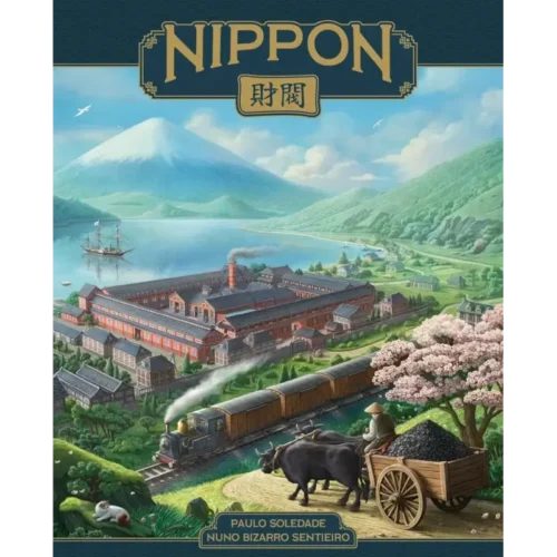 Εξώφυλλο του επιτραπέζιου παιχνιδιού Nippon Zaibatsu: Emperor’s Edition με εργοστάσιο και ιαπωνικό τοπίο