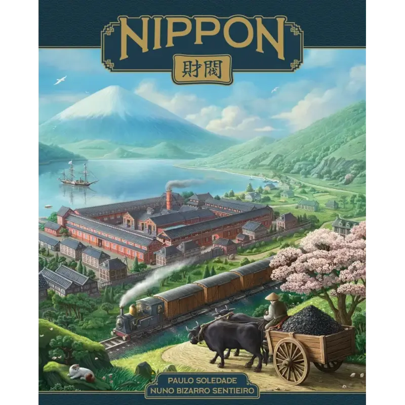 Εξώφυλλο του επιτραπέζιου παιχνιδιού Nippon Zaibatsu: Emperor’s Edition με εργοστάσιο και ιαπωνικό τοπίο